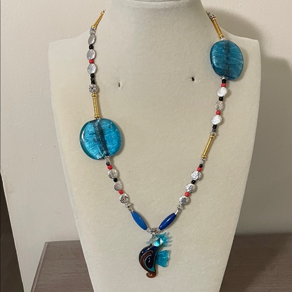 Artisan Jewelry - Artisan Blue and Gold Fish Pendant Necklace